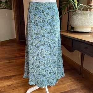 Vintage 90s Y2K Ditsy Fairy Floral Blue and Green A-Line Ruffle Hem Midi Skirt